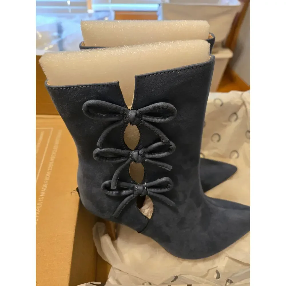 Journee Collection Deandra Blue Faux Suede Bow Pointed‎ Toe Stiletto Booties 8.5